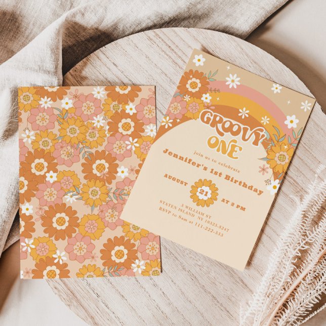 Retro groovy one gender neutral birthday invitation (Creator Uploaded)