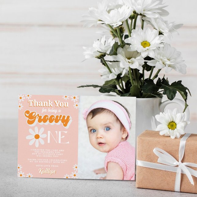 Retro Groovy One Girls 1st Birthday Photo Thank You Card (Creator Uploaded)