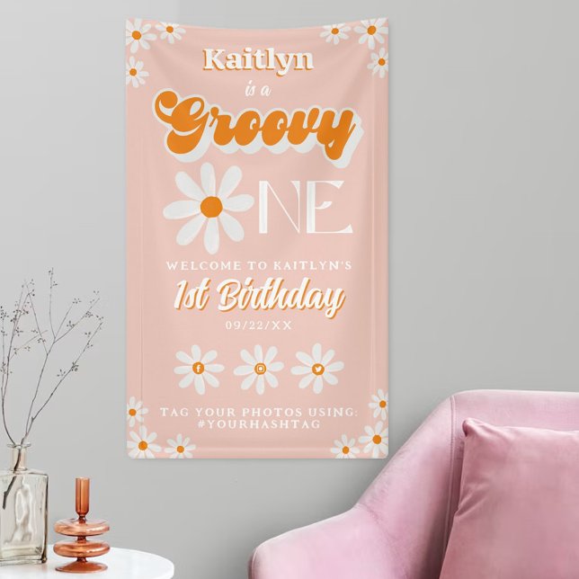 Retro Groovy One Girls 1st Birthday Welcome Banner (Creator Uploaded)