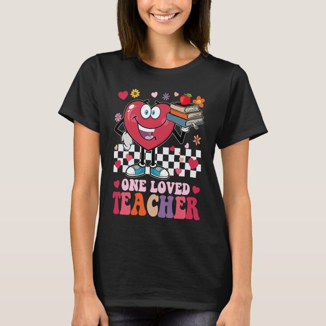 Retro Groovy One Loved Teacher Heart Valentines Da T-Shirt (Front)