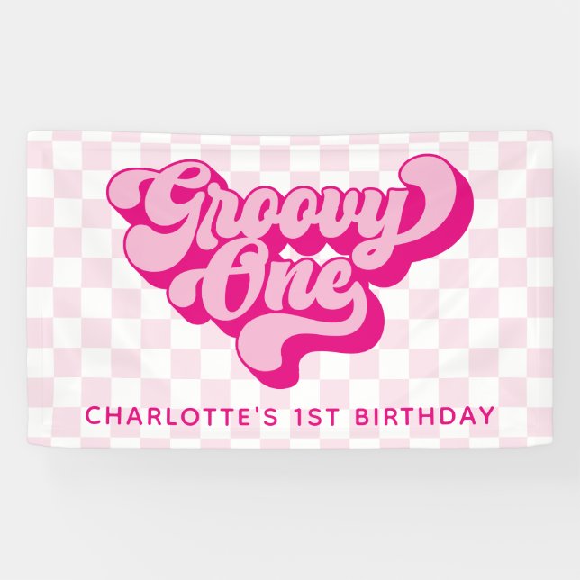 Retro Groovy One Pink and White Check Banner (Horizontal)