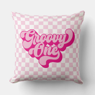 Retro Groovy One Pink and White Check Cushion