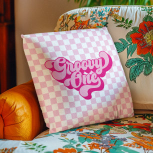 Retro Groovy One Pink and White Check Cushion
