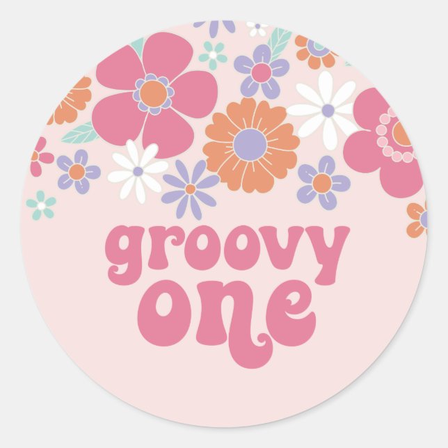Retro Groovy One Pink Floral Classic Round Sticker (Front)
