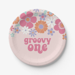 Retro Groovy One Pink Floral Paper Plate
