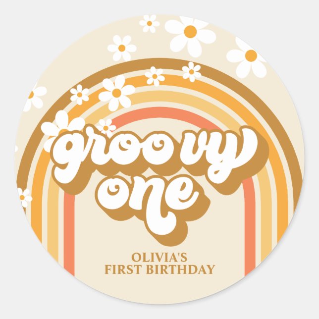 Retro Groovy One Rainbow Brown Orange Birthday Classic Round Sticker (Front)