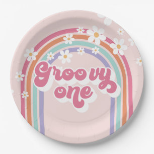 Retro Groovy One Rainbow Pink Paper Plate