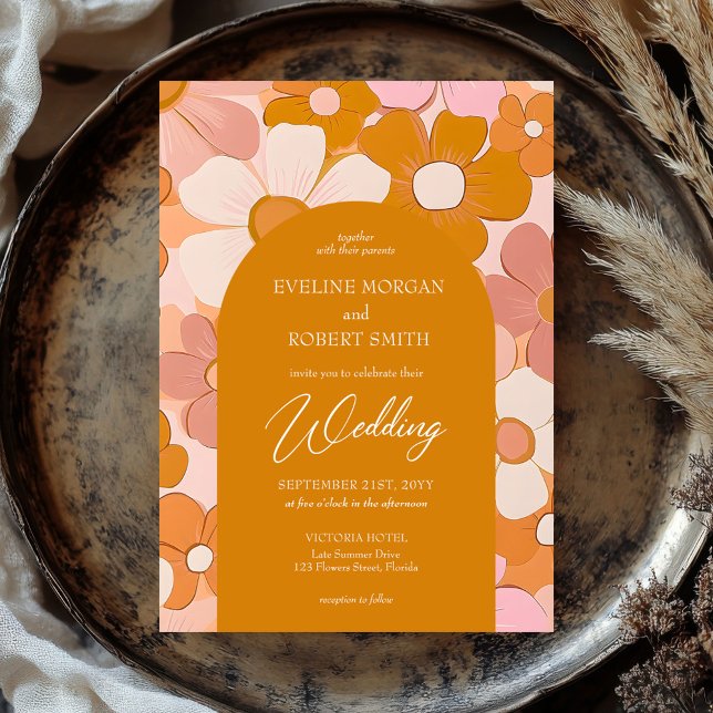 Retro groovy orange and pink flowers arched invitation (retro groovy orange and pink flowers wedding invitation )