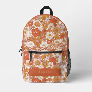 Retro Groovy Orange Floral Girl Printed Backpack