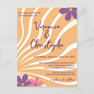 Retro Groovy Orange Purple Floral Wedding Invitation Postcard