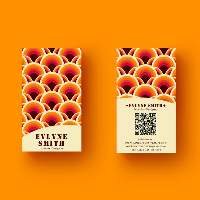 Retro Groovy Orange QR Code 70s Boho Geometric Business Card (Creator Uploaded)