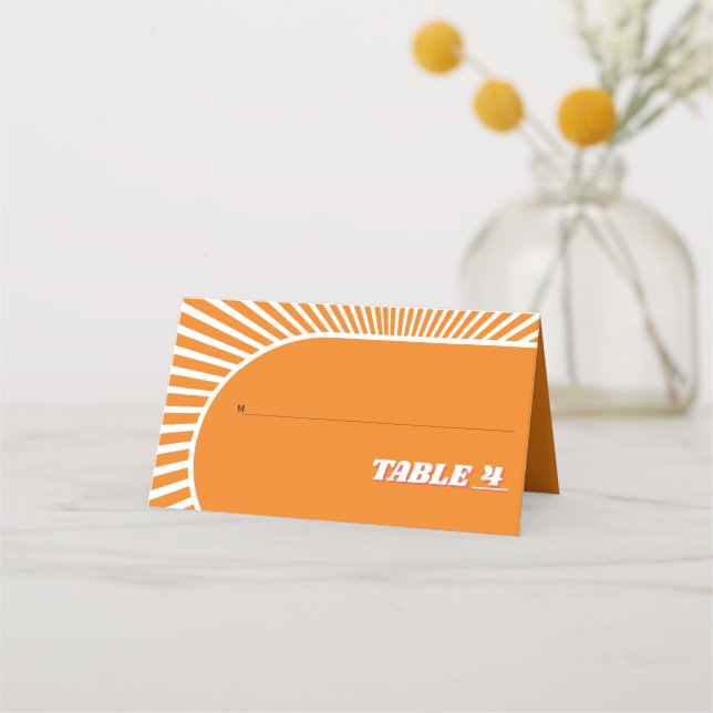 Retro groovy orange sunrays 70s inspired wedding place card (Front)