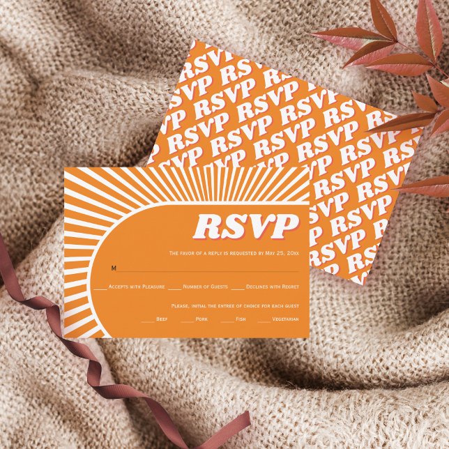 Retro groovy orange sunrays 70s inspired wedding RSVP card (Creator Uploaded)