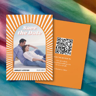 Retro groovy orange sunrays 70s inspired wedding save the date