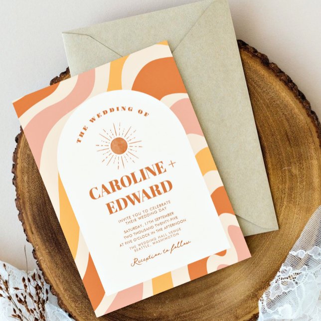 Retro Groovy Orange Wavy Boho Wedding Qr Code  Invitation (Creator Uploaded)