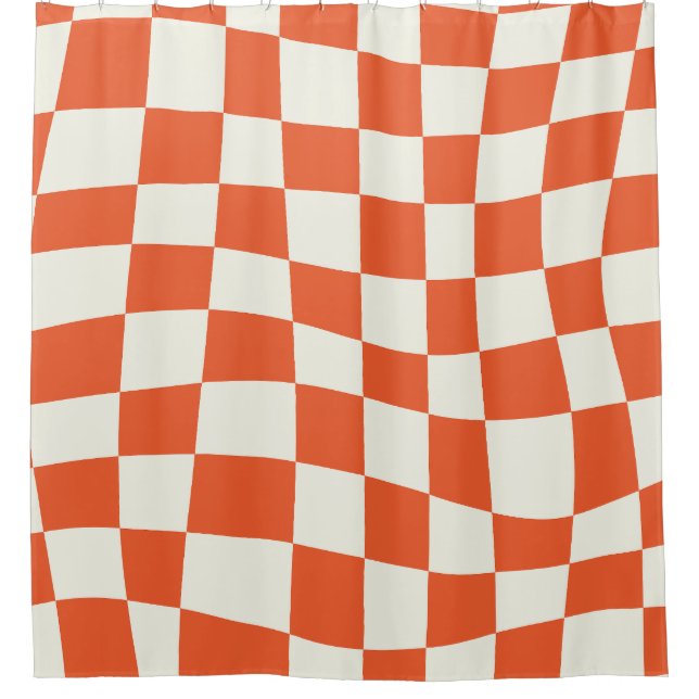 Retro Groovy orange wavy checkered Pattern Shower Curtain (Front)