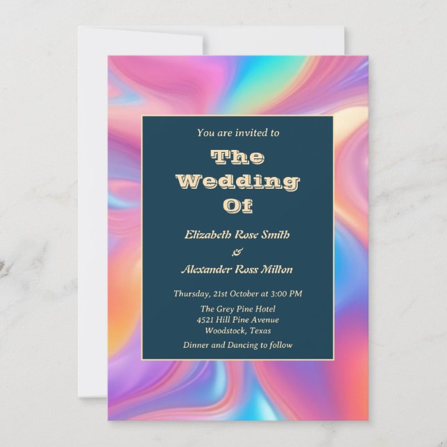 Retro groovy pastel abstract waves wedding invitation (Front)