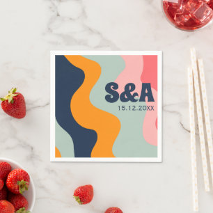 Retro Groovy Pastel Pink Blue Orange Wedding Napkin