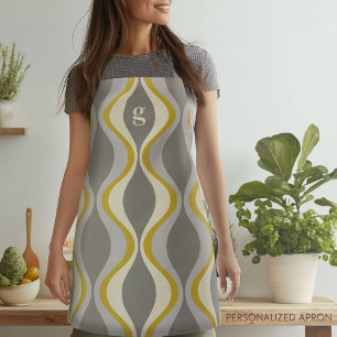 retro groovy pattern - monogram - gold taupe apron