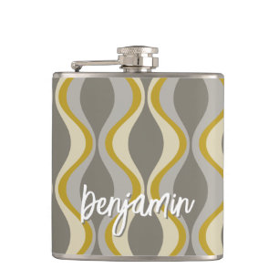 retro groovy pattern - monogram - gold taupe hip flask