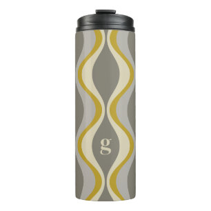 retro groovy pattern - monogram - gold taupe thermal tumbler