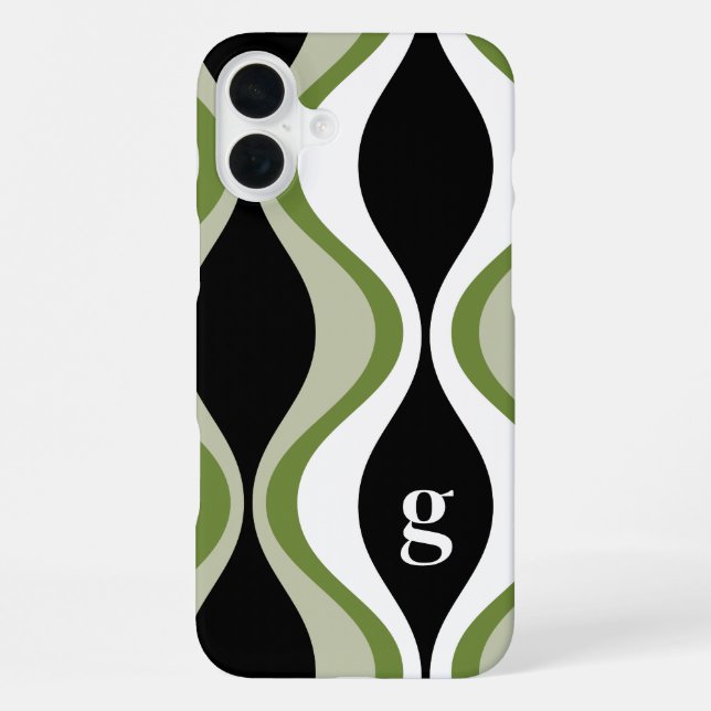 retro groovy pattern - monogram - olive black iPhone case (Back)