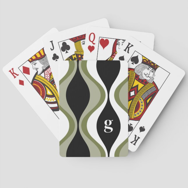 retro groovy pattern - monogram - olive black playing cards (Back)