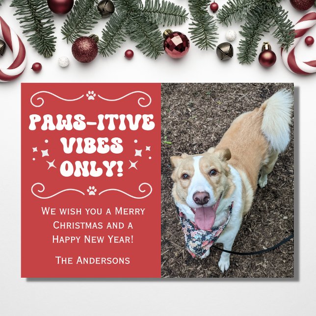Retro Groovy Paws-itive Cute Dog Photo Christmas Holiday Card (Creator Uploaded)