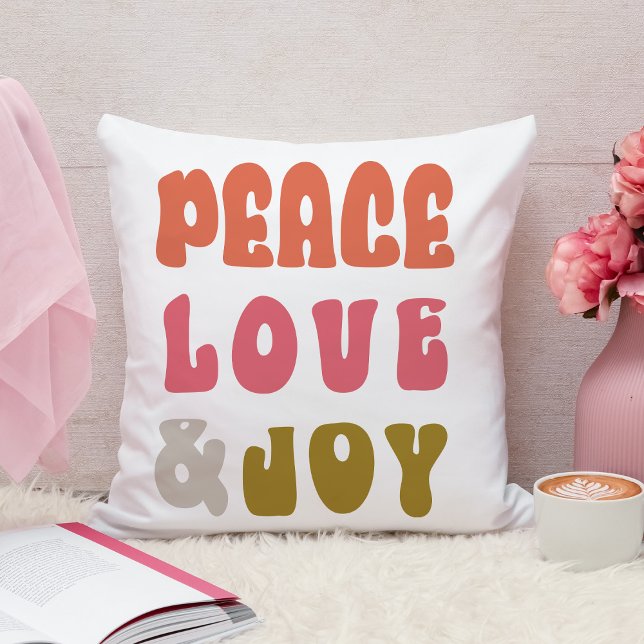 Retro Groovy Peace Love Joy Holiday Photo Cushion (Retro Groovy Peace Love Joy Holiday Photo Throw Pillow)