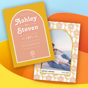 Retro groovy peach and yellow 70s inspired wedding invitation