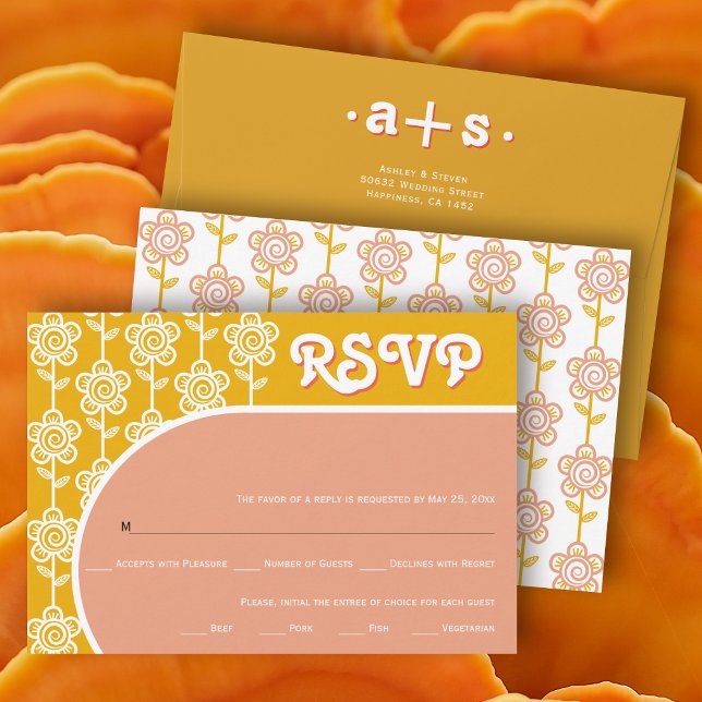 Retro groovy peach and yellow 70s wedding RSVP (Creator Uploaded)