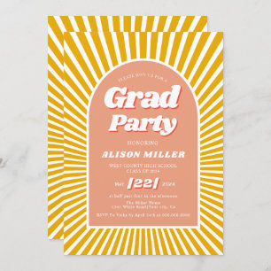 Retro groovy peach yellow sunrays 70s Graduation Invitation
