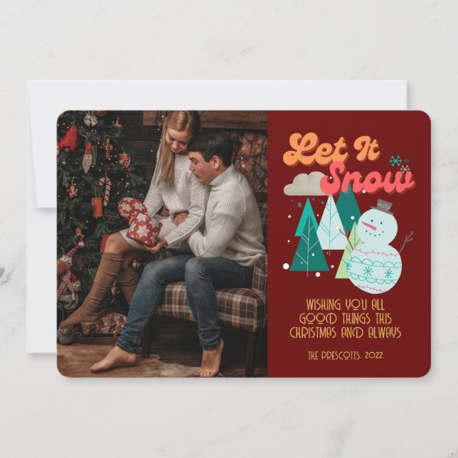 Retro Groovy Photo Christmas Let It Snow Card (Front)