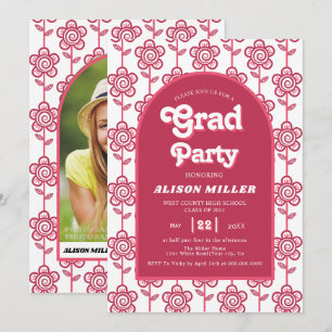 Retro groovy pink and aqua flowers 70s Graduation Invitation