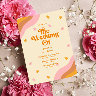Retro Groovy Pink and Gold Wave Wedding Invitation