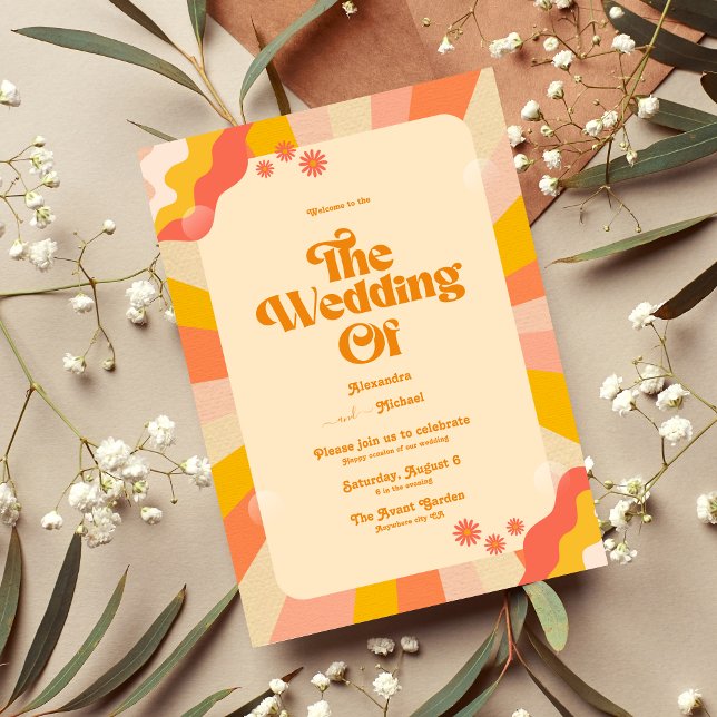 Retro Groovy Pink and Gold Wave Wedding Invitation (Creator Uploaded)