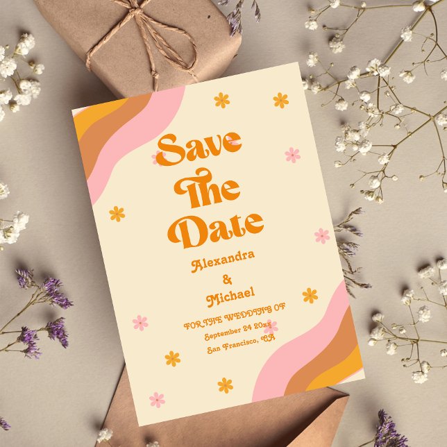 Retro Groovy Pink and Gold Wave Wedding Save The Date (Creator Uploaded)