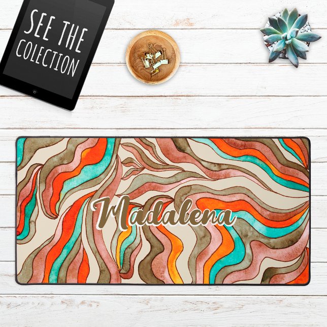 Retro Groovy Pink Burnt Orange Wavy Script Name Desk Mat (Creator Uploaded)