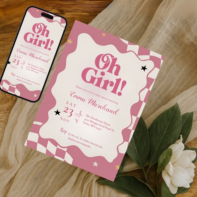 Retro Groovy Pink Checkered Oh Girl Baby Shower Invitation (Creator Uploaded)