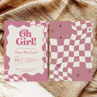 Retro Groovy Pink Checkered Oh Girl Baby Shower Invitation