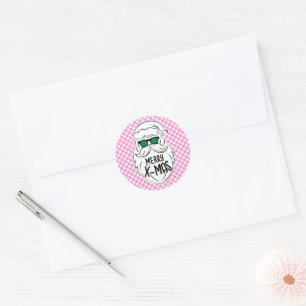 Retro Groovy Pink Checkered Santa Claus Christmas Classic Round Sticker