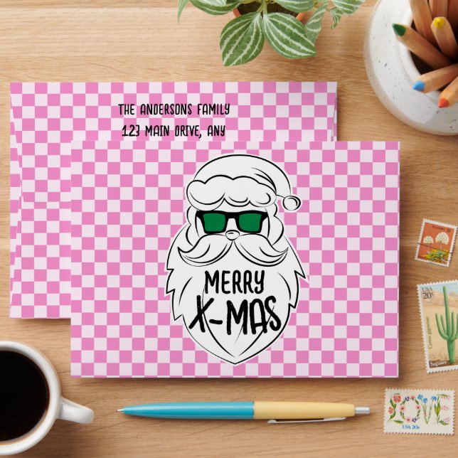 Retro Groovy Pink Checkered Santa Claus Christmas Envelope (Desk)