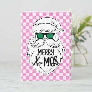 Retro Groovy Pink Chequered Santa Claus Christmas Holiday Card