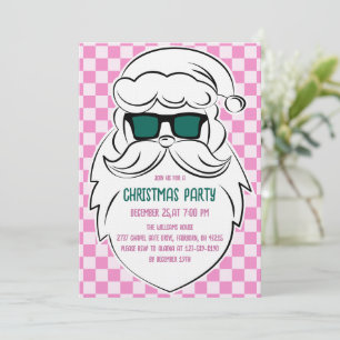 Retro Groovy Pink Chequered Santa Claus Christmas Invitation
