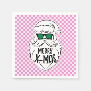 Retro Groovy Pink Chequered Santa Claus Christmas Napkin