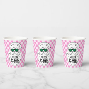 Retro Groovy Pink Chequered Santa Claus Christmas Paper Cups
