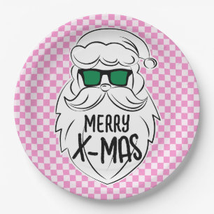 Retro Groovy Pink Chequered Santa Claus Christmas  Paper Plate