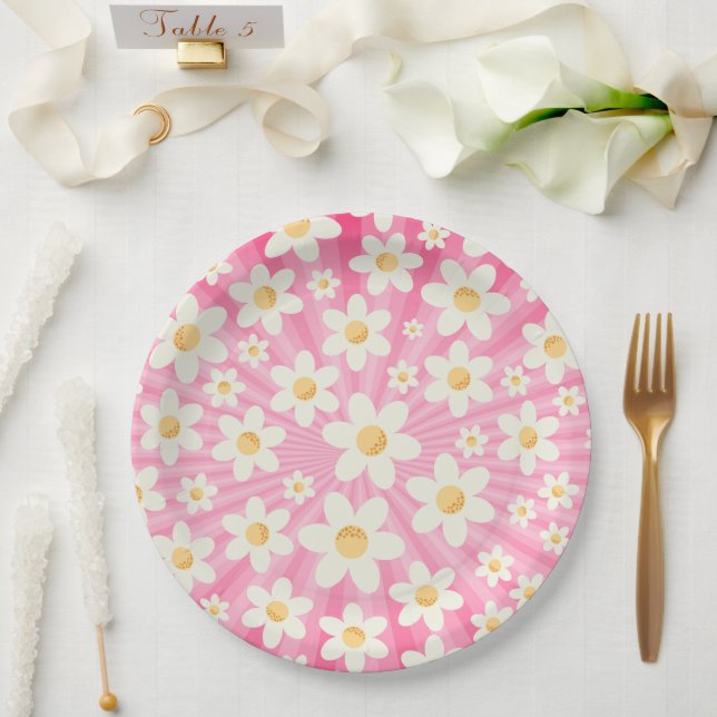 Retro Groovy Pink Daisy Birthday Paper Plates – Bo (Wedding)