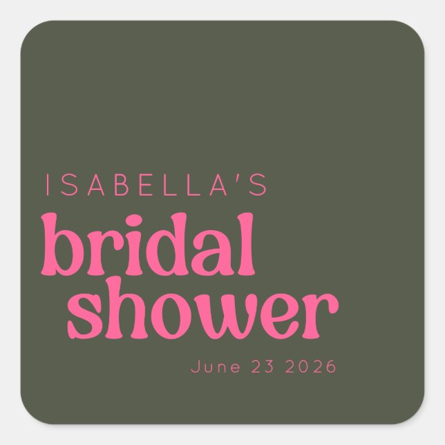 Retro Groovy Pink Green Bridal Shower Custom Square Sticker (Front)