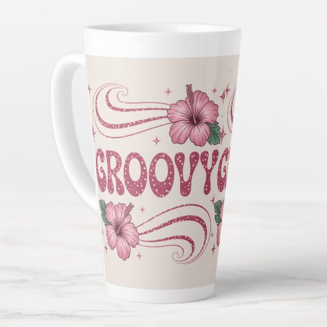 Retro Groovy Pink Hibiscus Latte Mug (Left Angle)